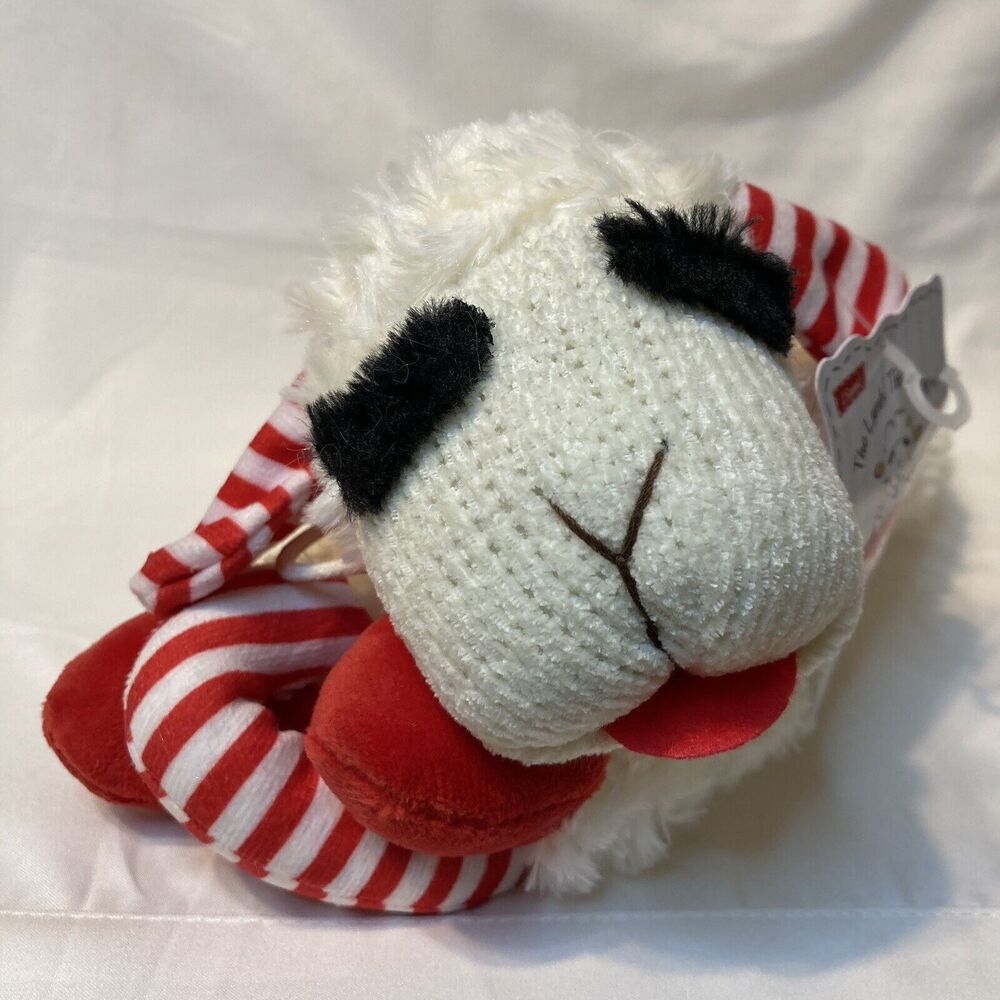 Multipet Sock-Face Lamb Chop Dog Toy w/Candy Cane Holiday Plush Soft Cute